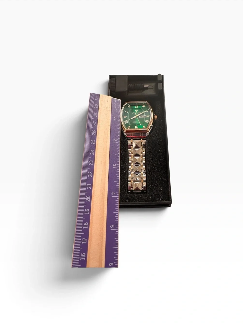 POEDAGAR Men’s Rose Gold Green Dial Day Date Quartz Watch